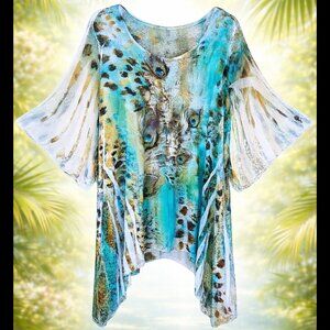 NWT Cal Style Peacock Print Tunic Butterfly Sheer Sleeves - 3X